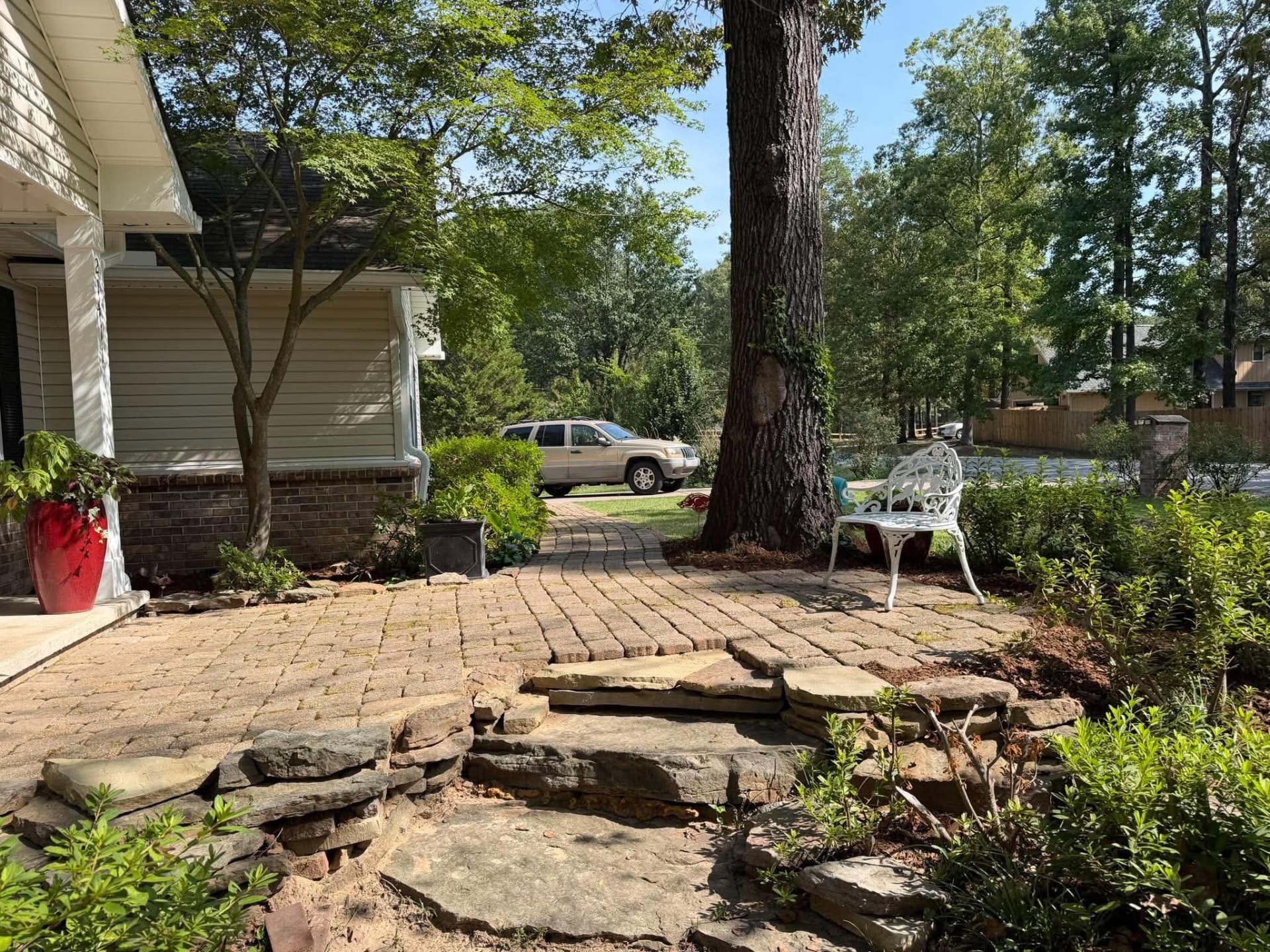 Paver walkway and natural stone steps